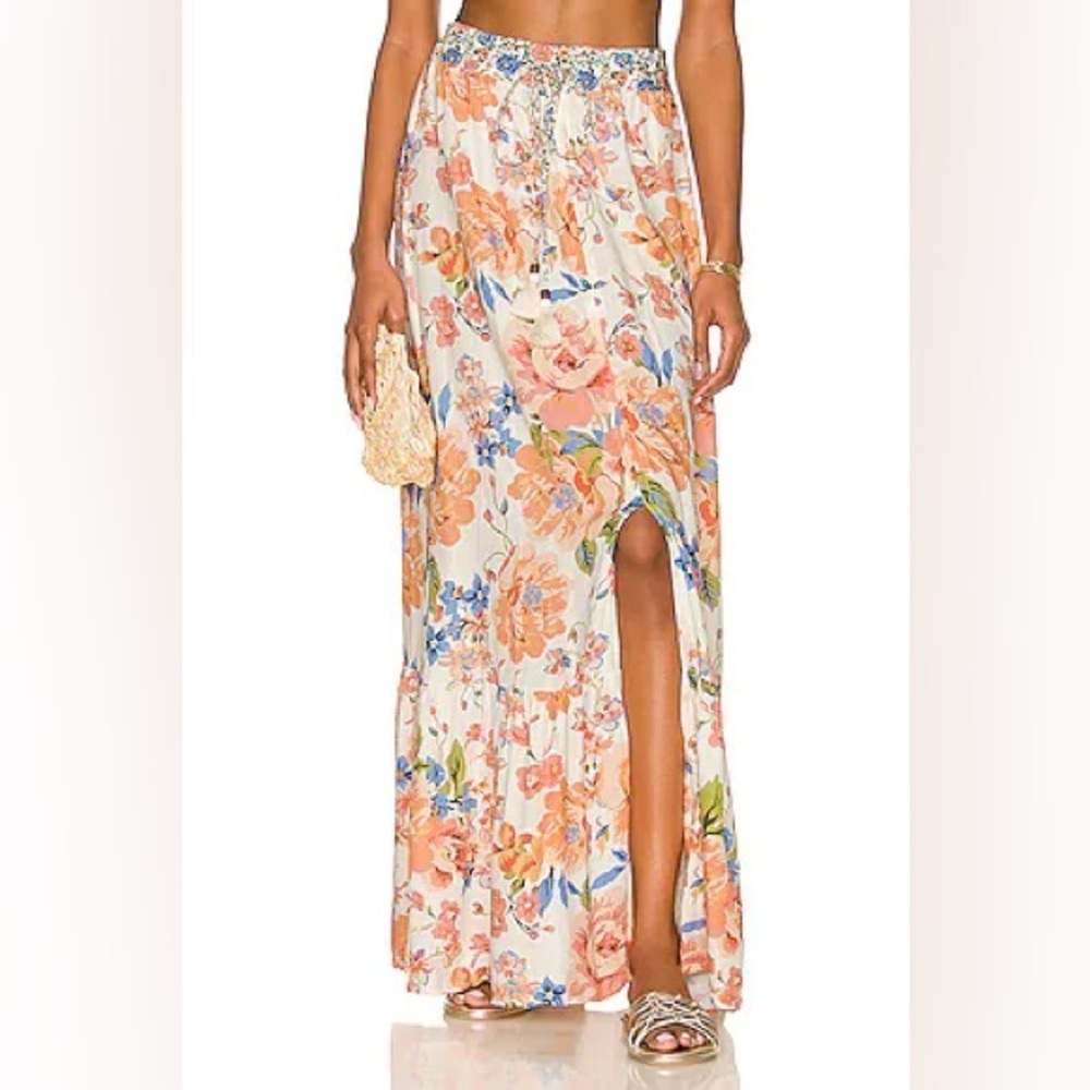 Floral Maxi Skirt with Side Slit - Peach/White